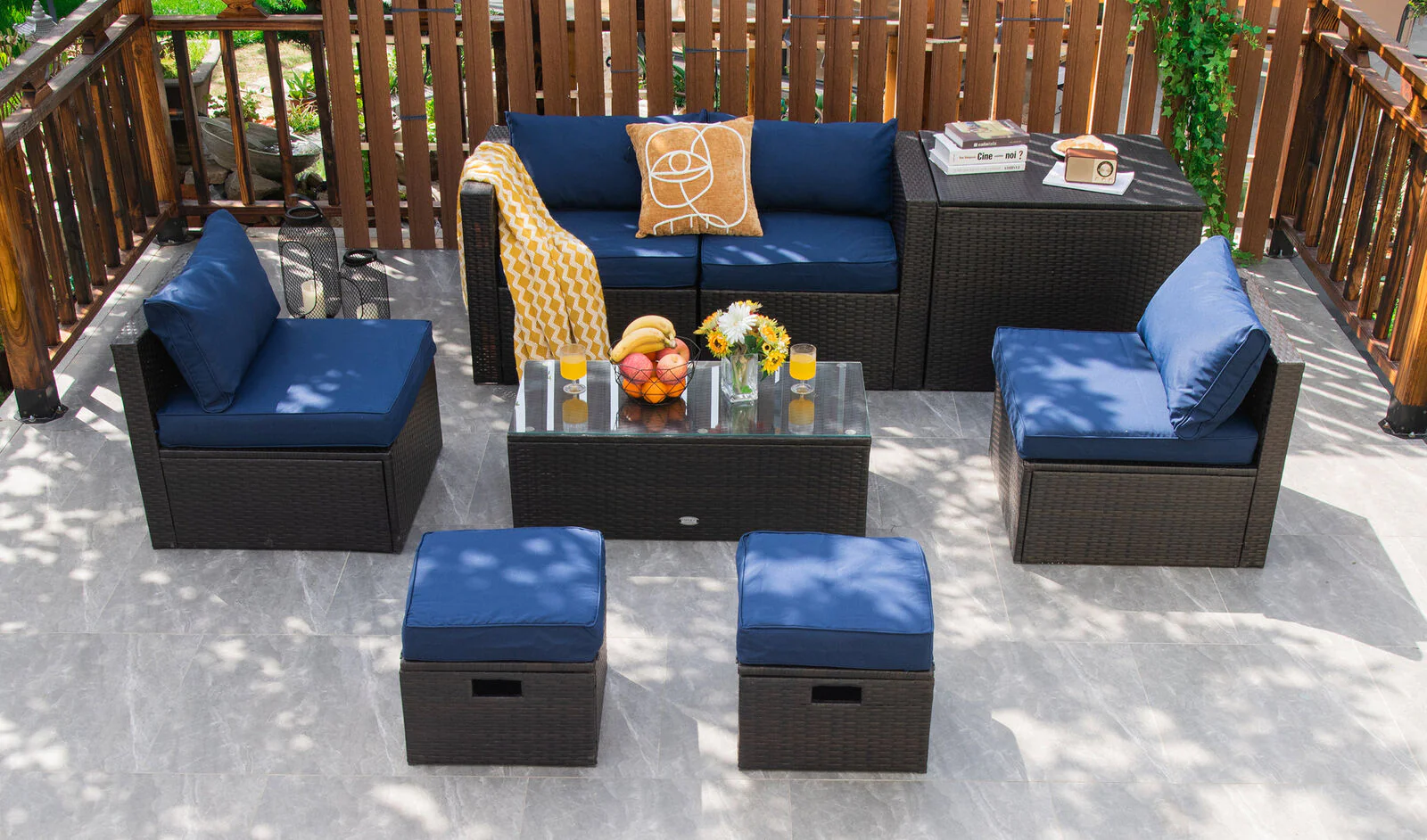 8 Piece Patio Rattan Furniture Set, Storage Box, Waterproof Cover, Navy - Image 7