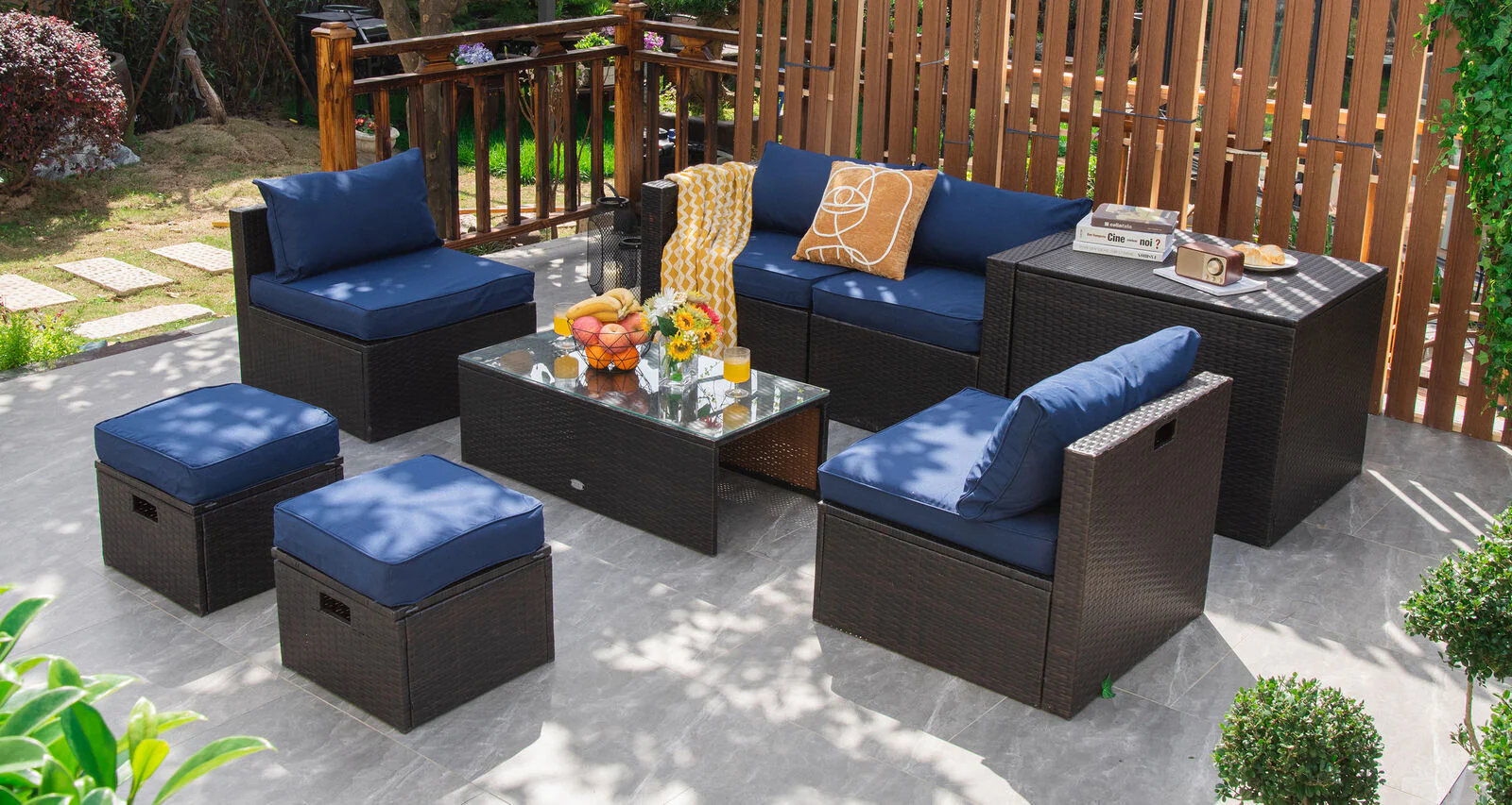 8 Piece Patio Rattan Furniture Set, Storage Box, Waterproof Cover, Navy - Image 8