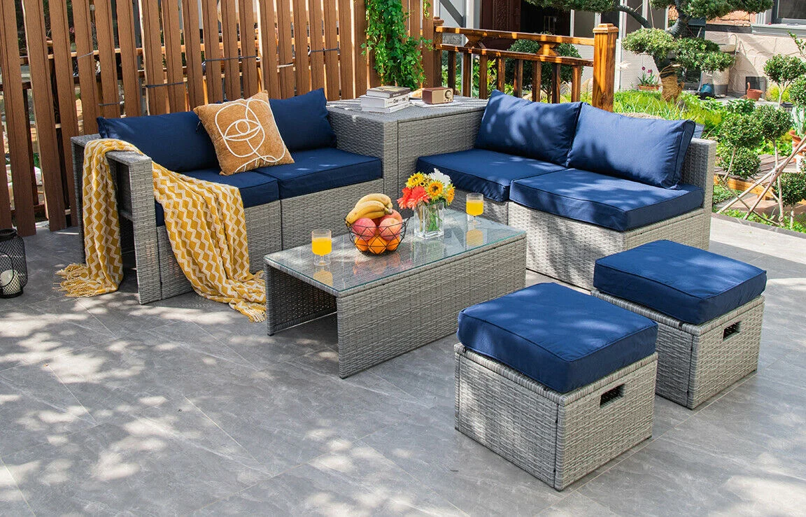 8 Piece Patio Rattan Furniture Set, Storage Waterproof Cover, Cushion, Navy - Image 2
