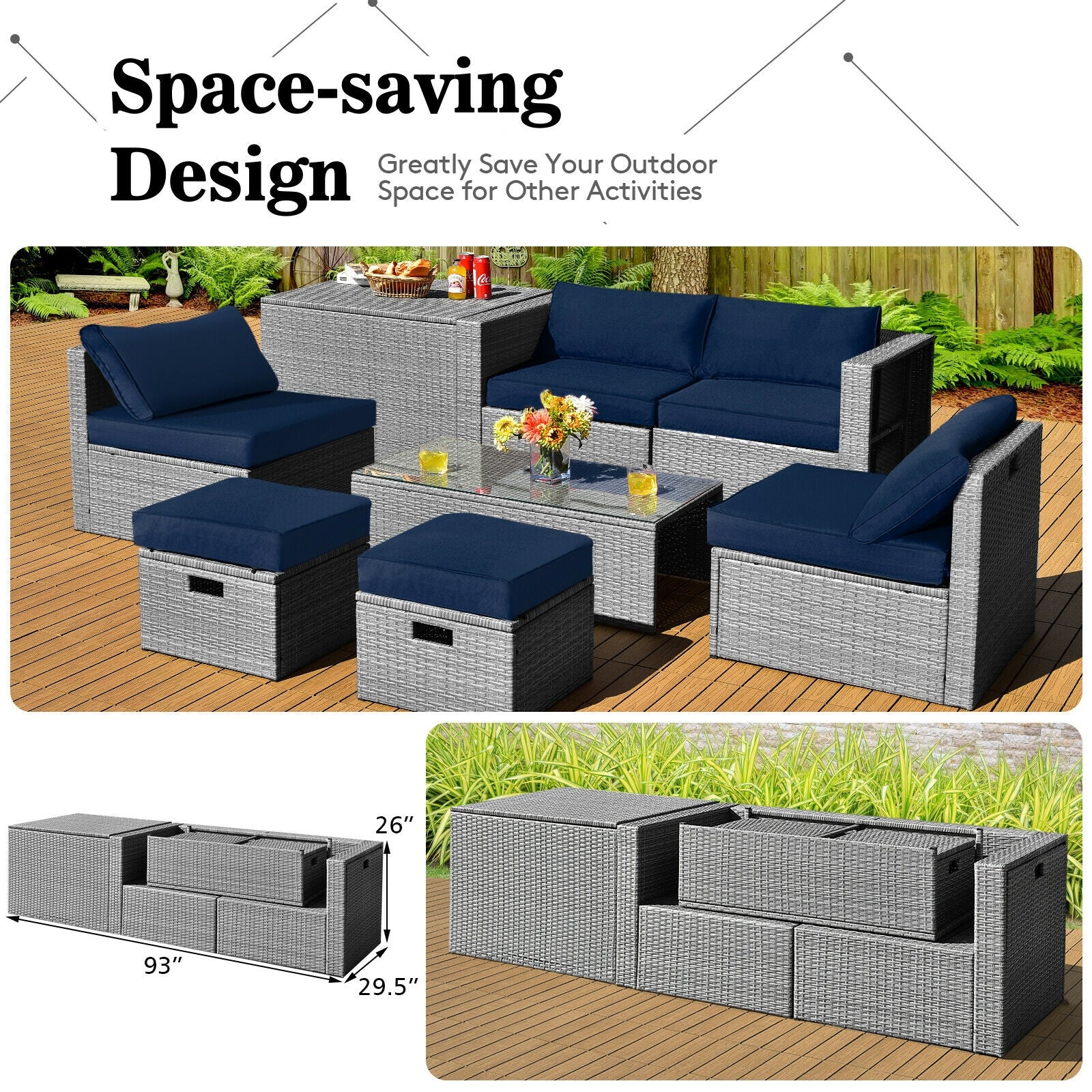 8 Piece Patio Rattan Furniture Set, Storage Waterproof Cover, Cushion, Navy - Image 3