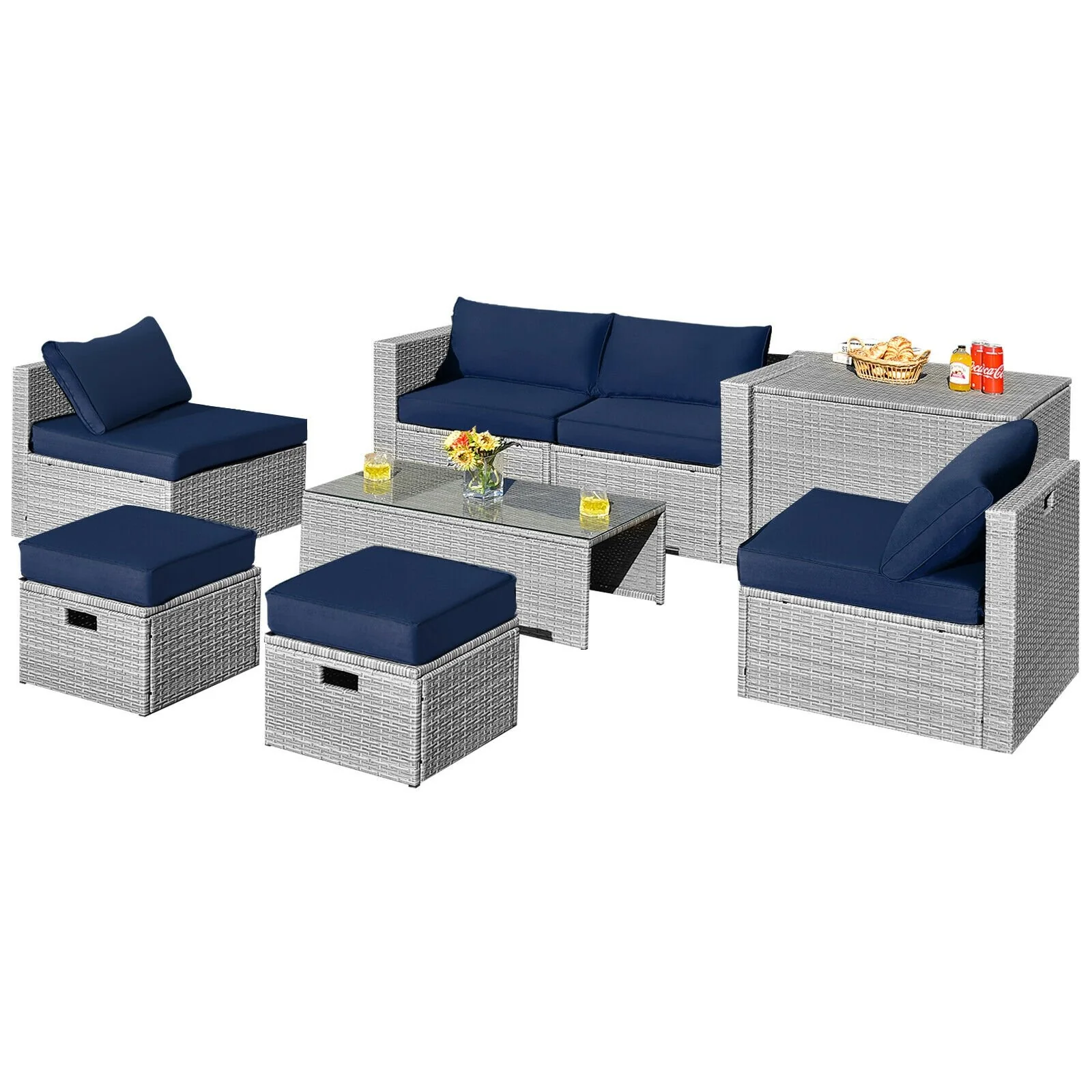 8 Piece Patio Rattan Furniture Set, Storage Waterproof Cover, Cushion, Navy - Image 4