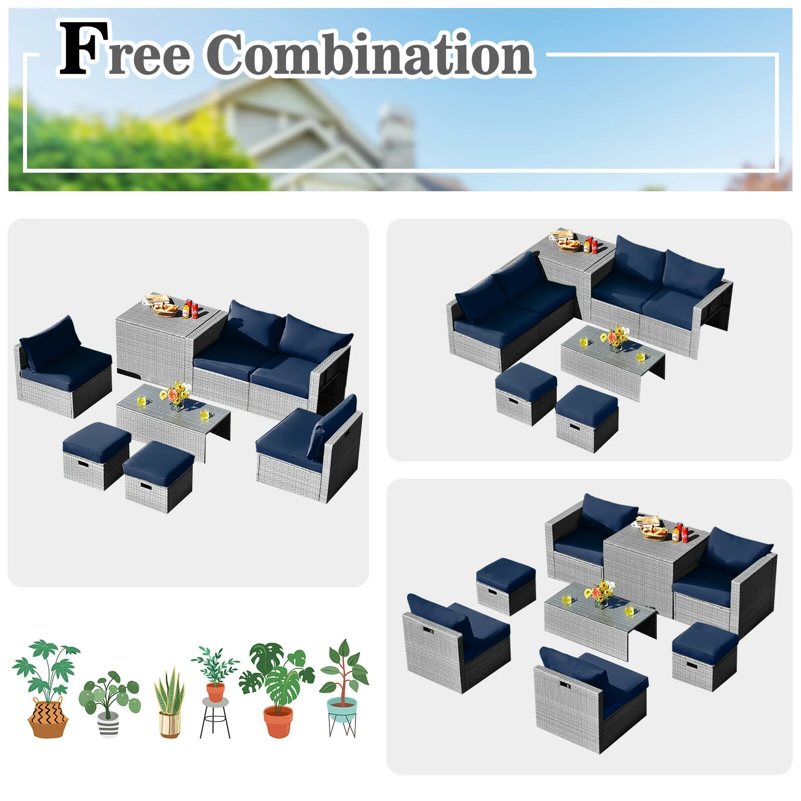 8 Piece Patio Rattan Furniture Set, Storage Waterproof Cover, Cushion, Navy - Image 6