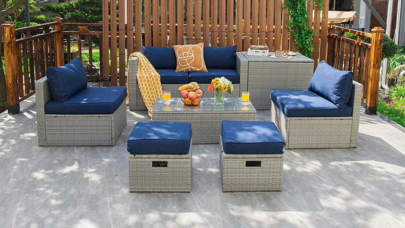 8 Piece Patio Rattan Furniture Set, Storage Waterproof Cover, Cushion, Navy - Image 7