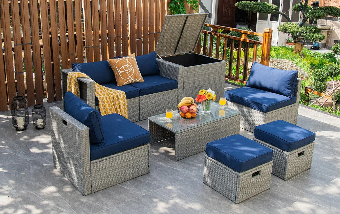 8 Piece Patio Rattan Furniture Set, Storage Waterproof Cover, Cushion, Navy - Image 8