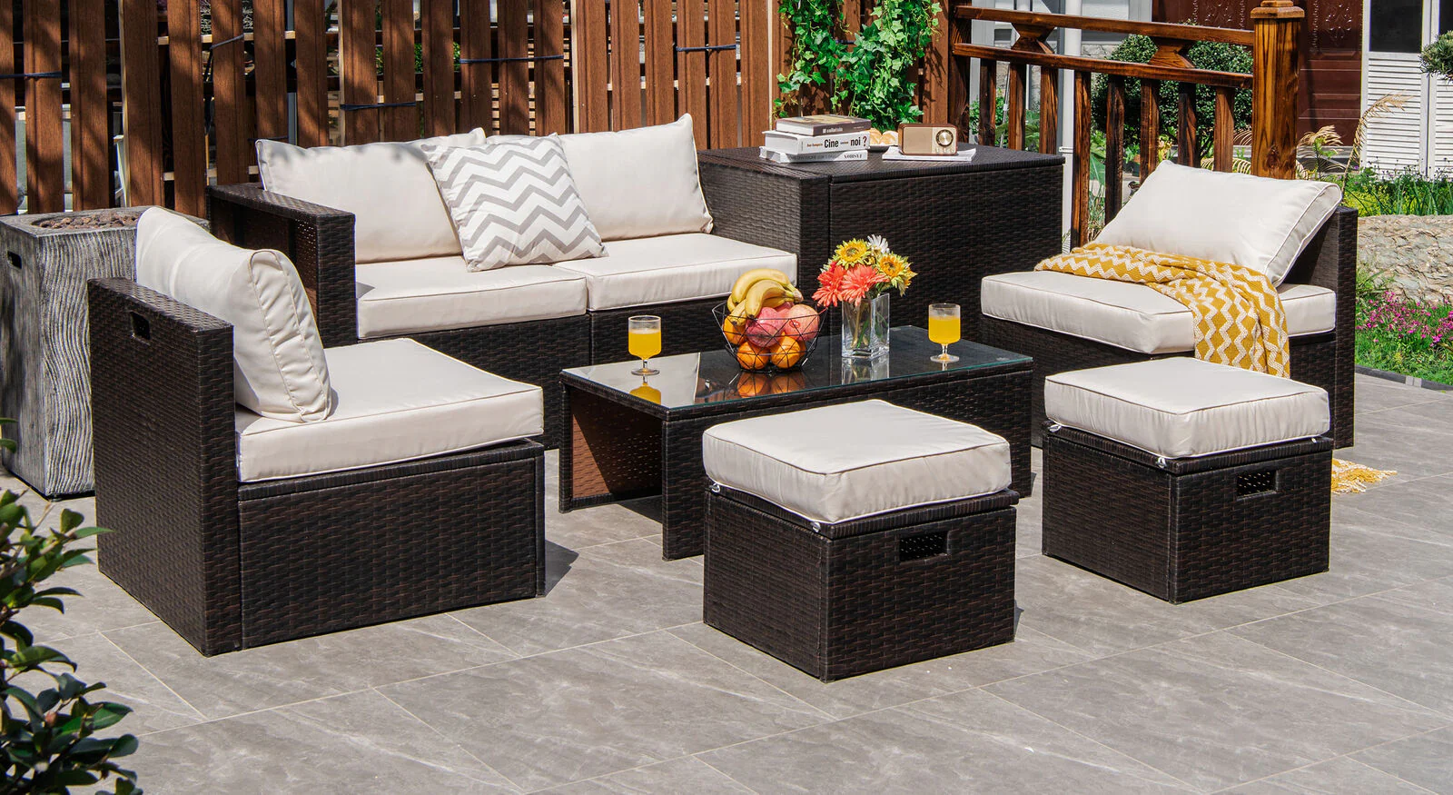 8 Piece Patio Rattan Furniture Set, With Storage Box And Waterproof Cover, White - Image 2