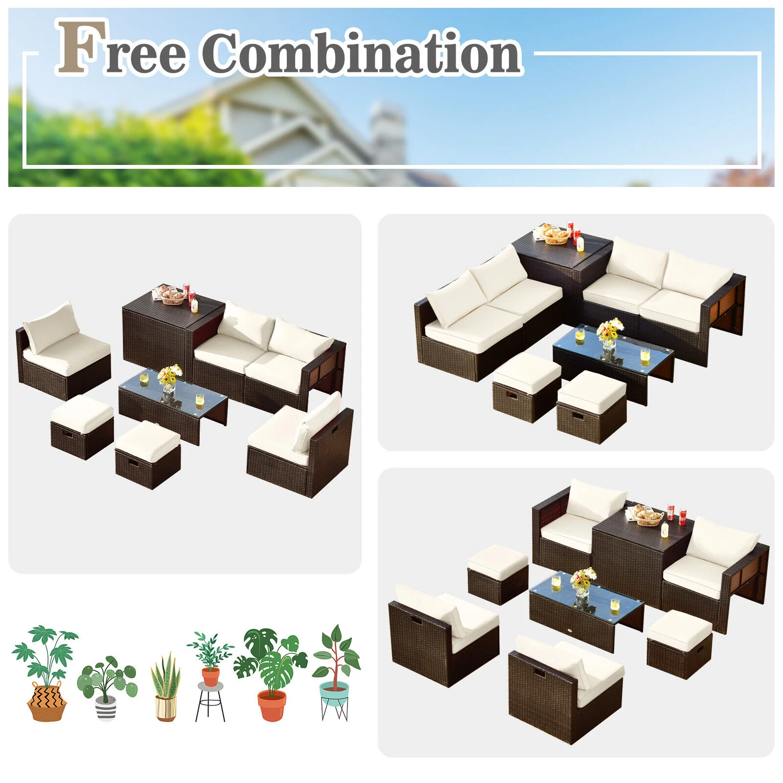 8 Piece Patio Rattan Furniture Set, With Storage Box And Waterproof Cover, White - Image 3
