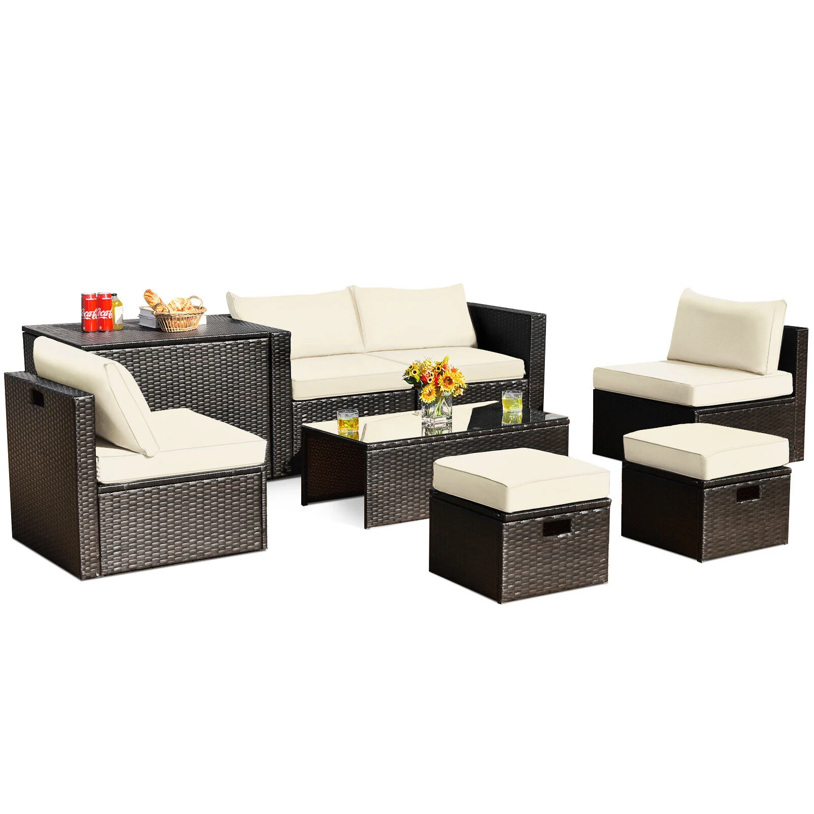 8 Piece Patio Rattan Furniture Set, With Storage Box And Waterproof Cover, White - Image 4