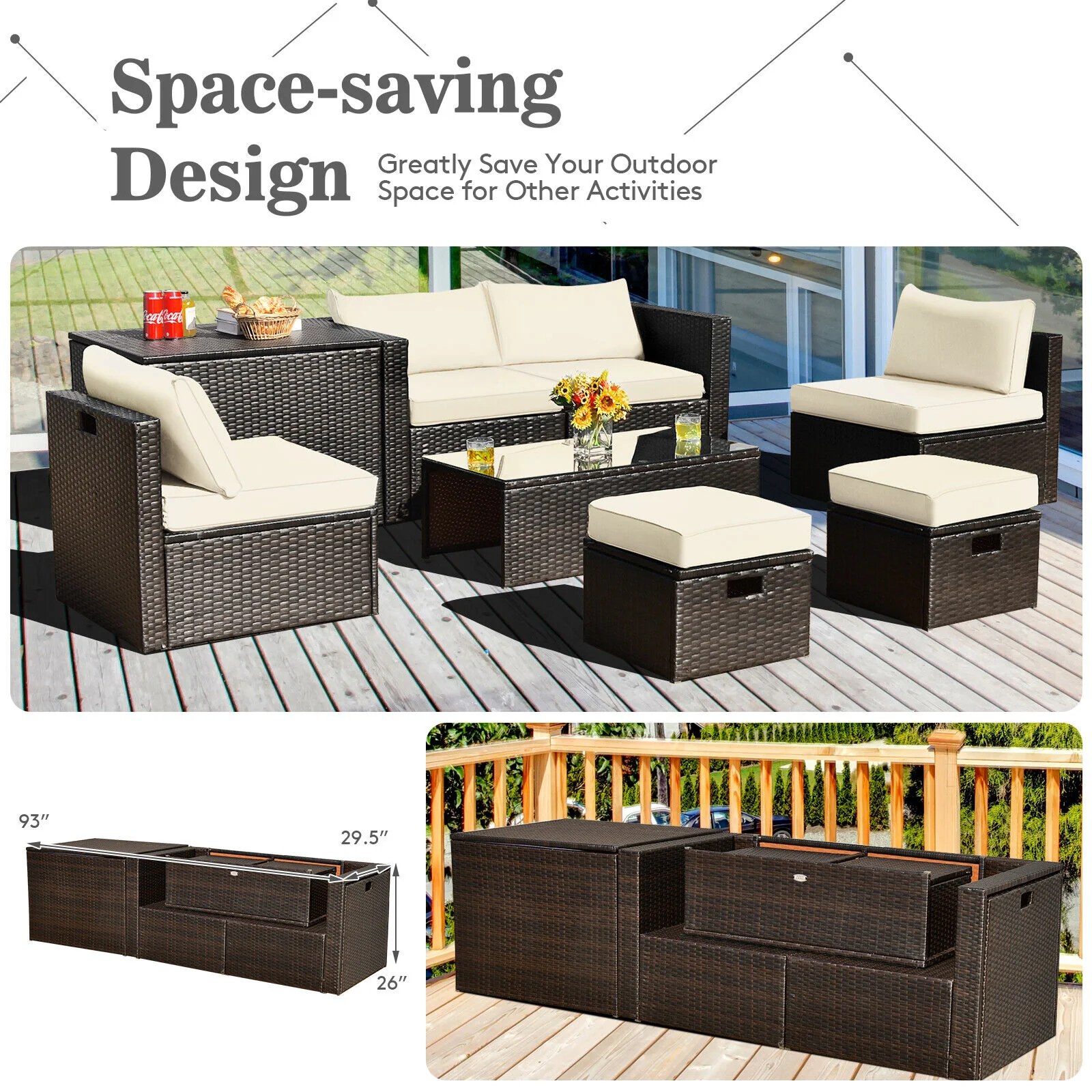 8 Piece Patio Rattan Furniture Set, With Storage Box And Waterproof Cover, White - Image 6