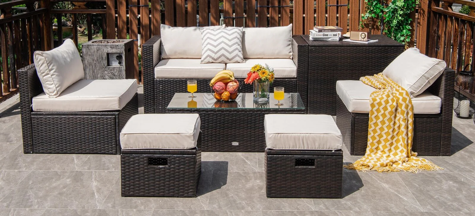 8 Piece Patio Rattan Furniture Set, With Storage Box And Waterproof Cover, White - Image 7