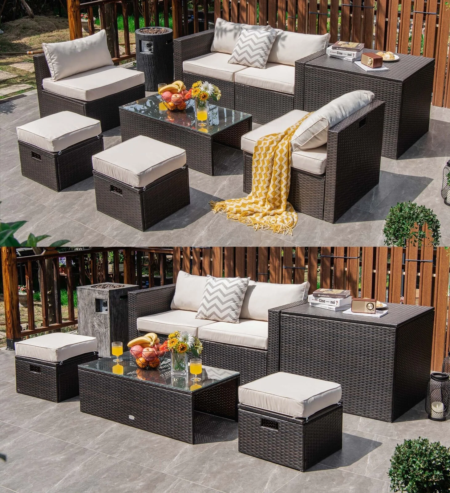 8 Piece Patio Rattan Furniture Set, With Storage Box And Waterproof Cover, White - Image 8