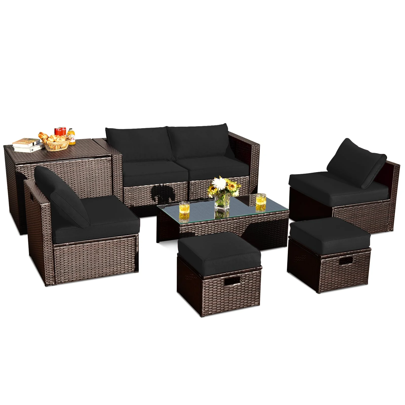 8 Piece Patio Rattan Furniture Set With Storage Box, Waterproof Cover, Black