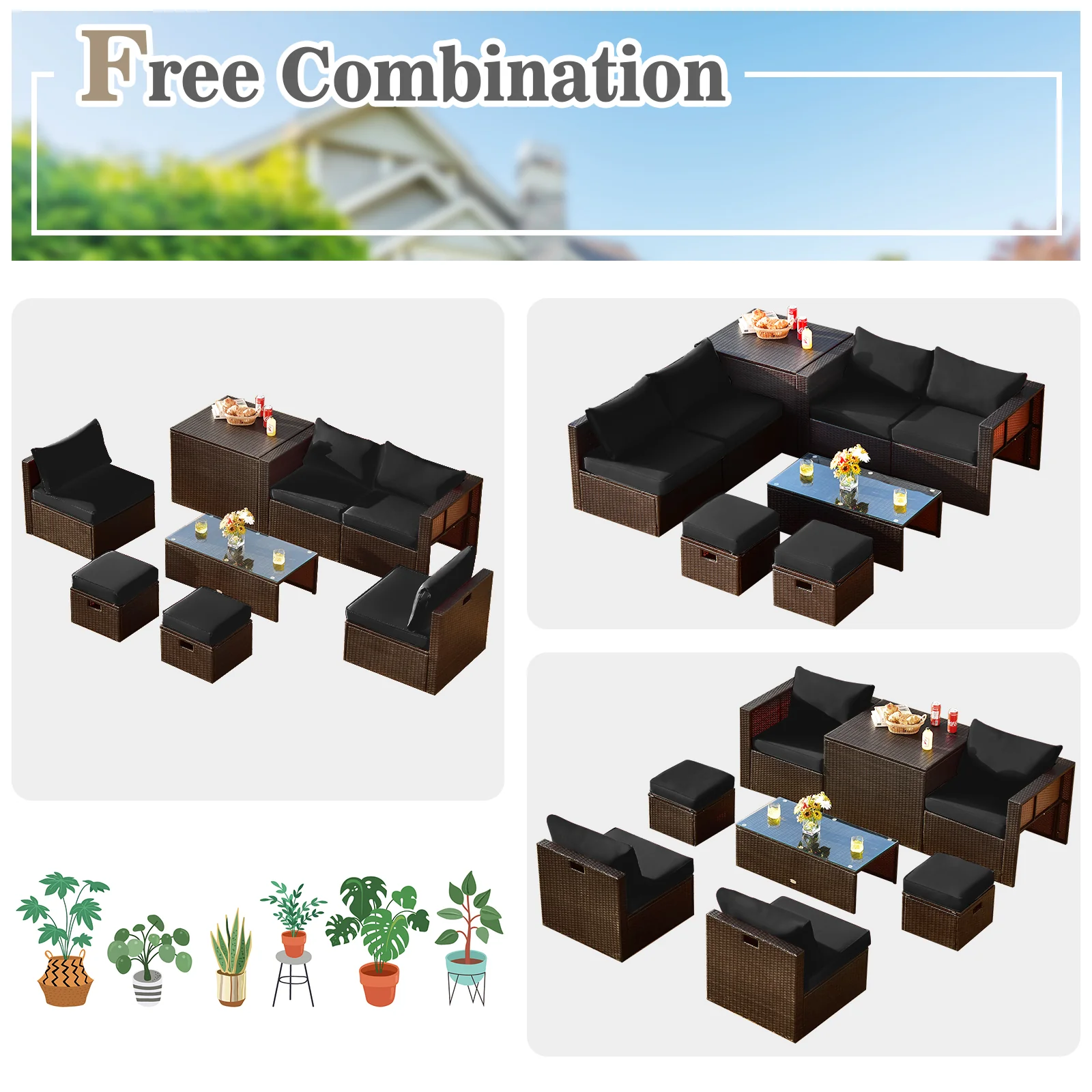 8 Piece Patio Rattan Furniture Set With Storage Box, Waterproof Cover, Black - Image 5
