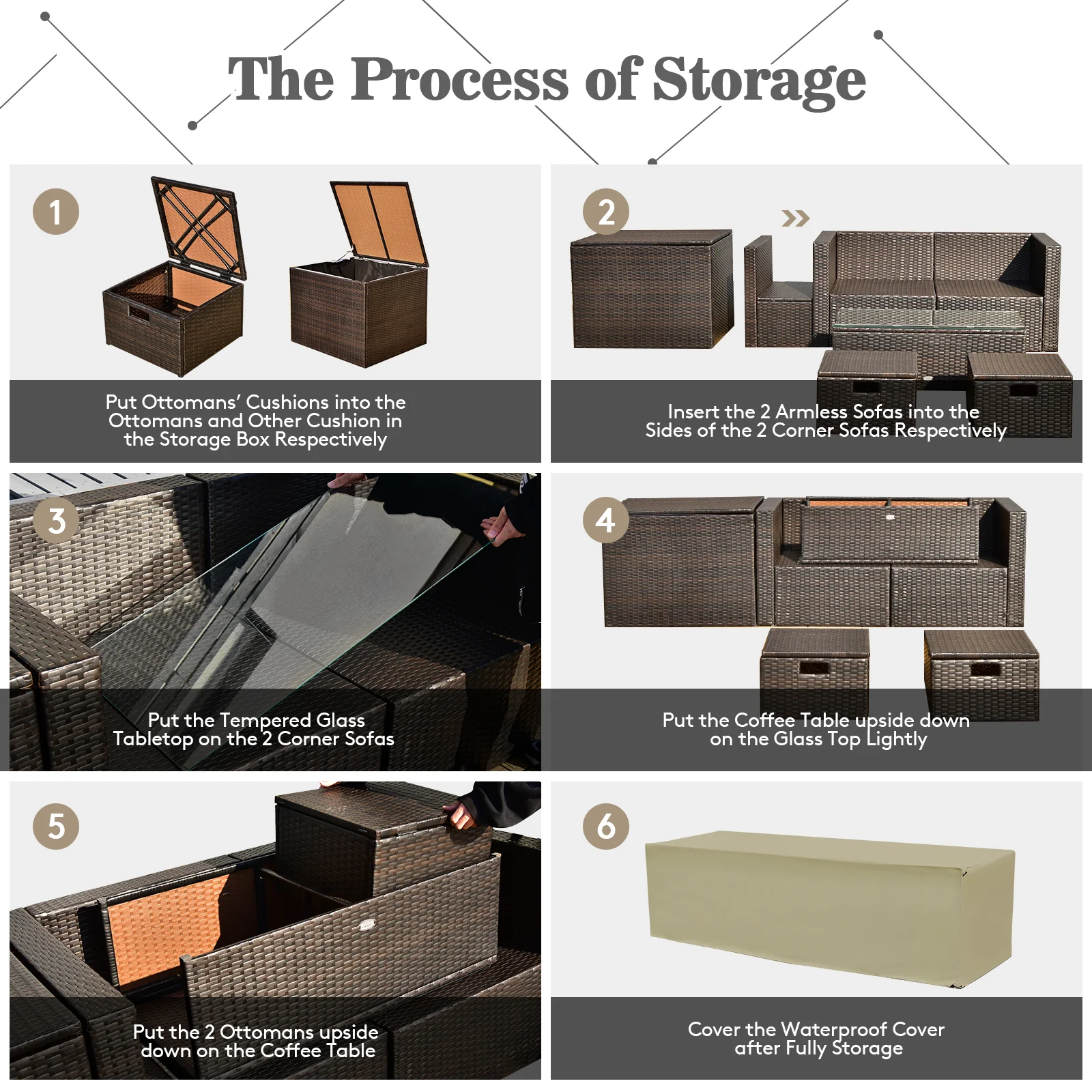 8 Piece Patio Rattan Furniture Set With Storage Box, Waterproof Cover, Black - Image 6
