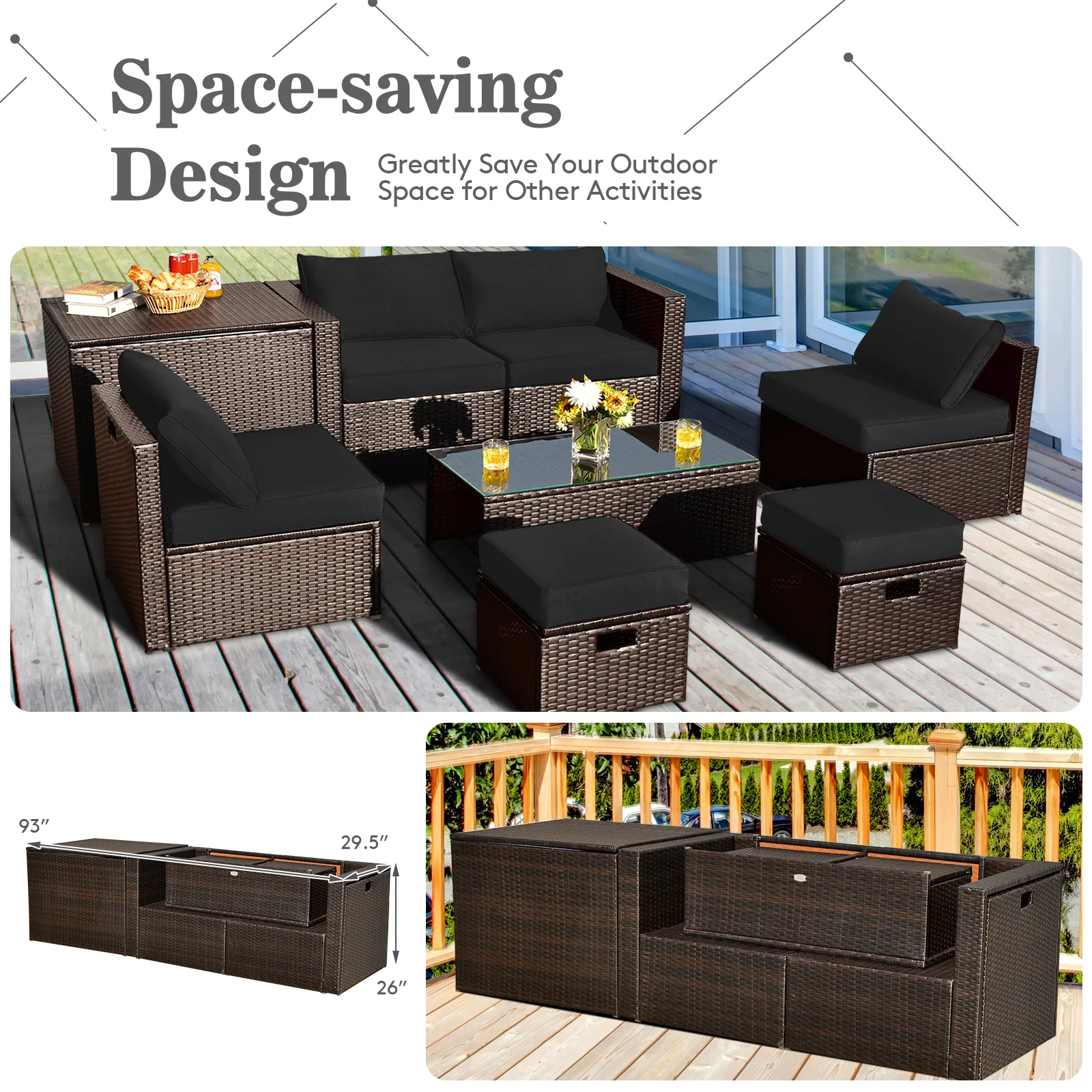 8 Piece Patio Rattan Furniture Set With Storage Box, Waterproof Cover, Black - Image 9