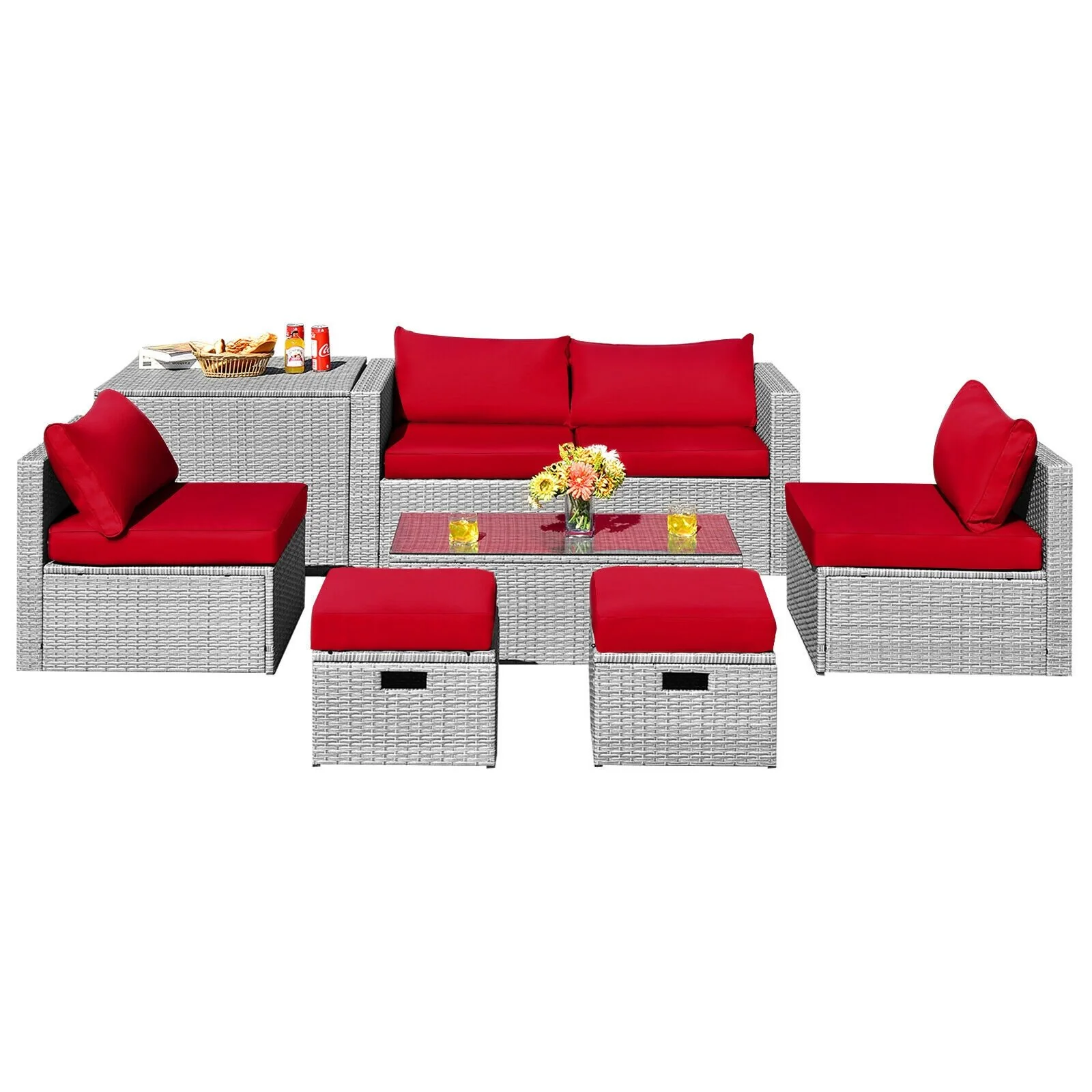 8 Piece Patio Rattan Furniture Set, With Storage Cover And Cushion, Red - Image 11