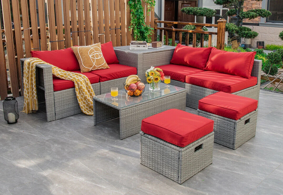 8 Piece Patio Rattan Furniture Set, With Storage Cover And Cushion, Red - Image 2