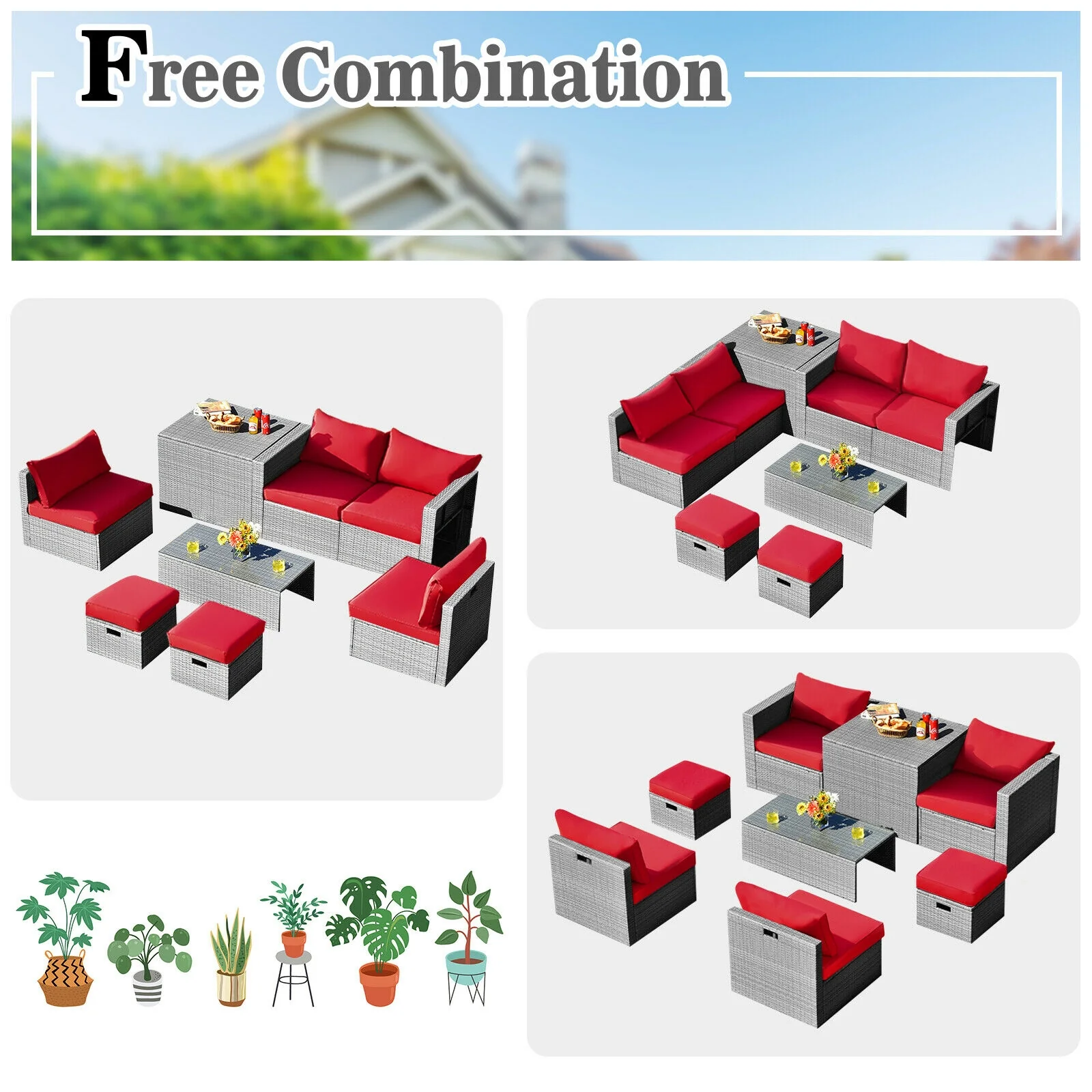 8 Piece Patio Rattan Furniture Set, With Storage Cover And Cushion, Red - Image 3