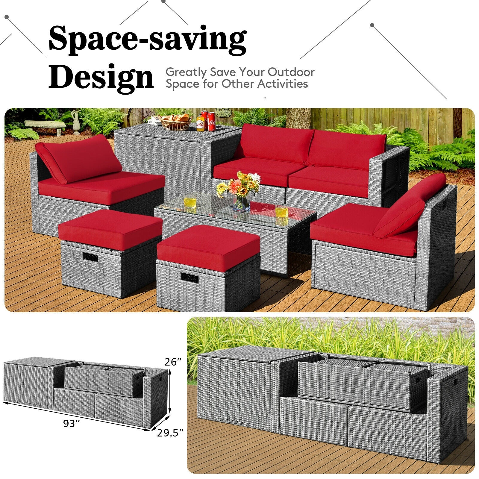 8 Piece Patio Rattan Furniture Set, With Storage Cover And Cushion, Red - Image 6