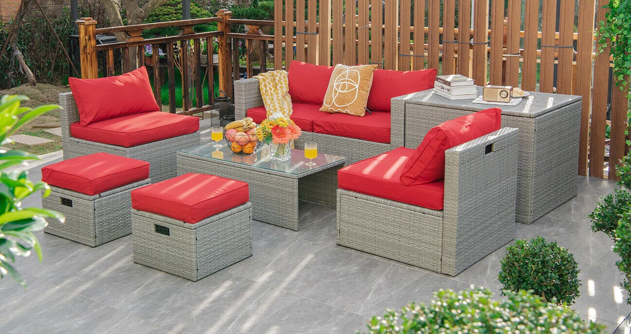 8 Piece Patio Rattan Furniture Set, With Storage Cover And Cushion, Red - Image 7