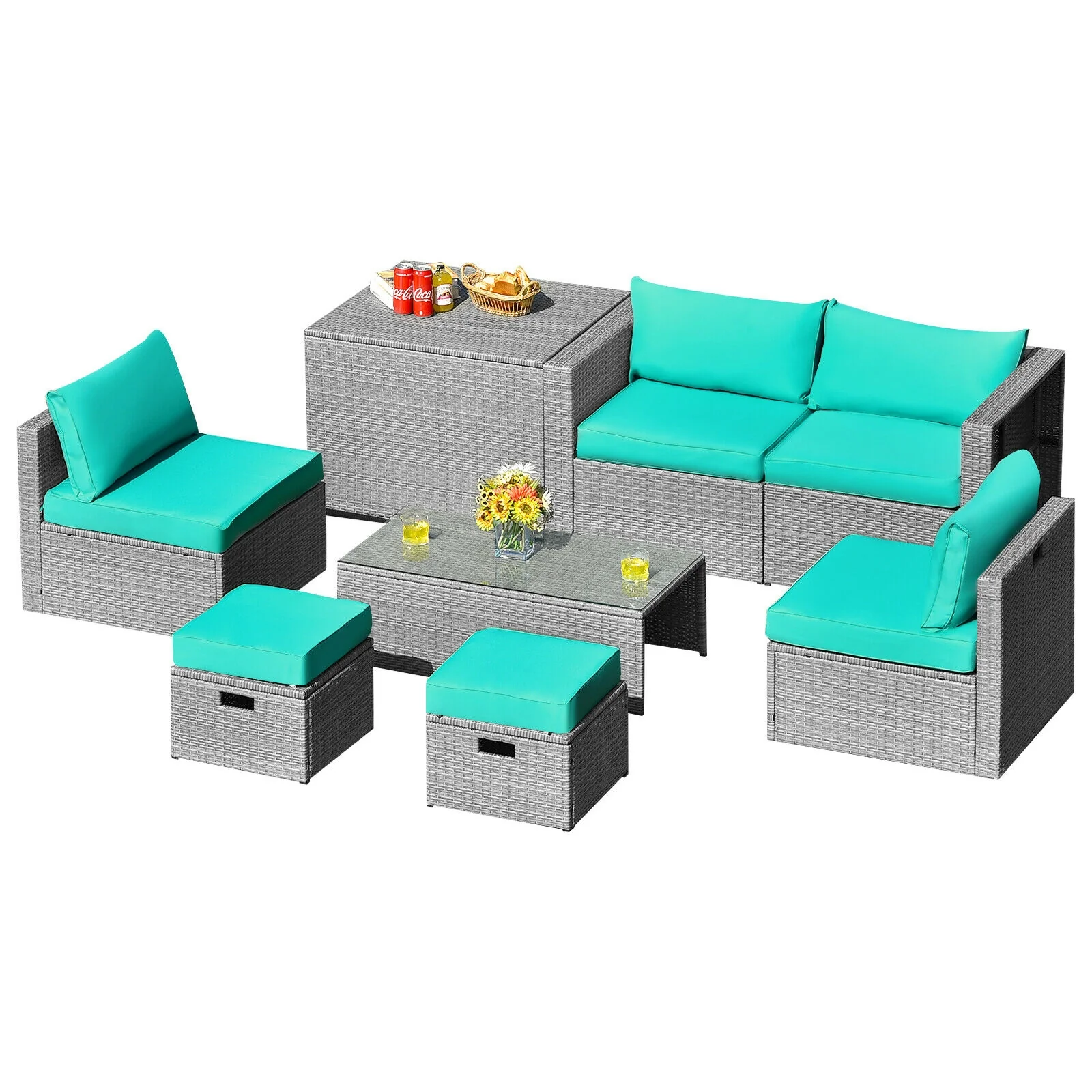8-Piece Patio Rattan Furniture Set, With Storage Cover, Cushion, Turquoise