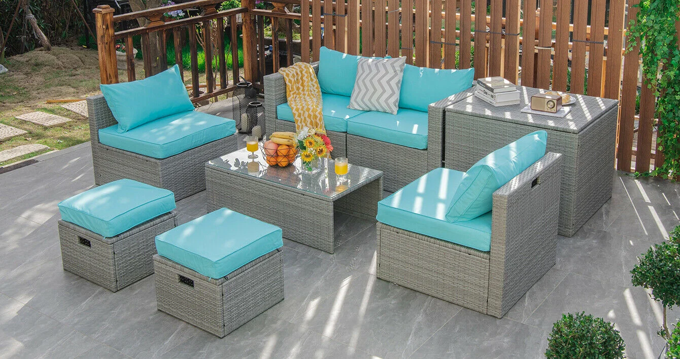 8-Piece Patio Rattan Furniture Set, With Storage Cover, Cushion, Turquoise - Image 2