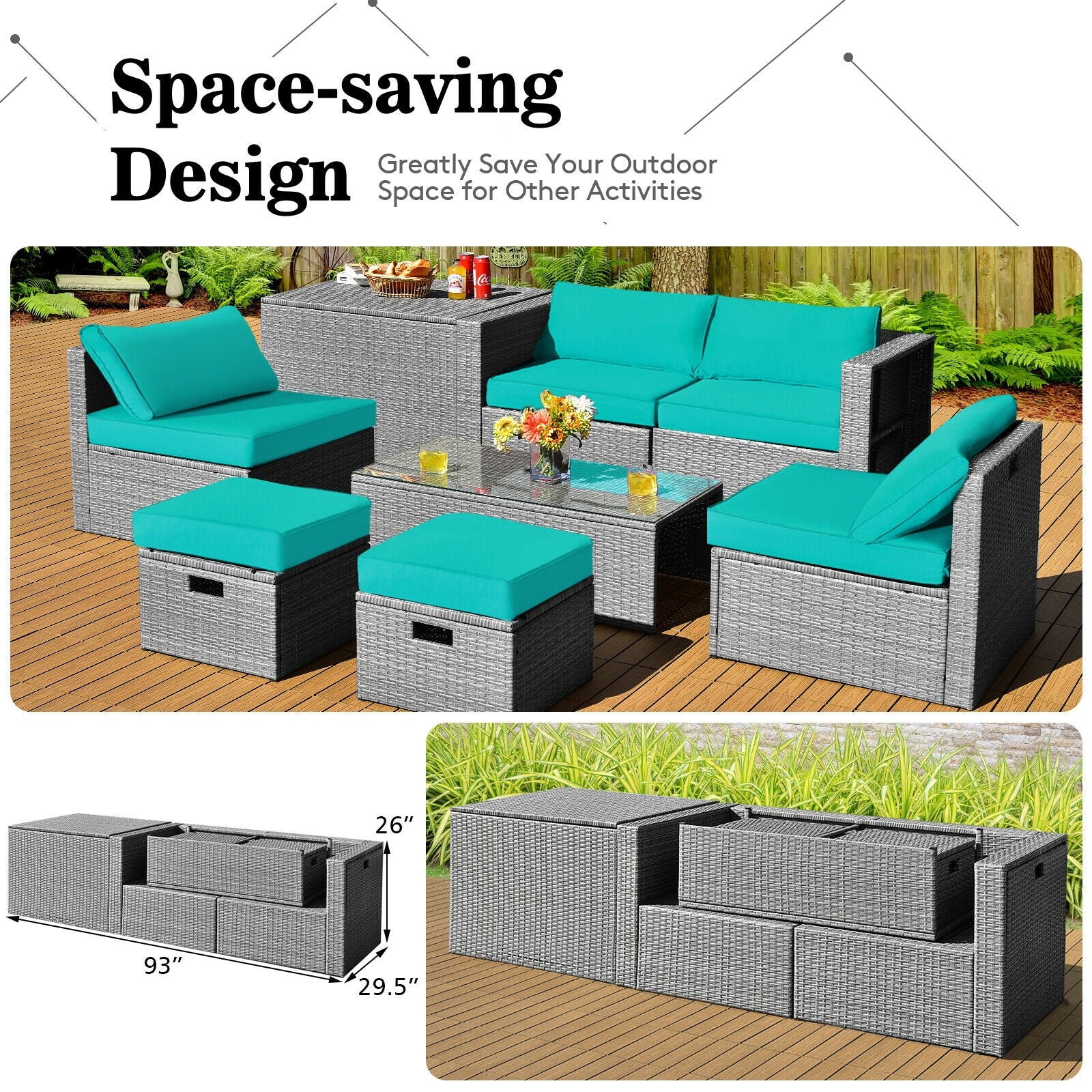 8-Piece Patio Rattan Furniture Set, With Storage Cover, Cushion, Turquoise - Image 3