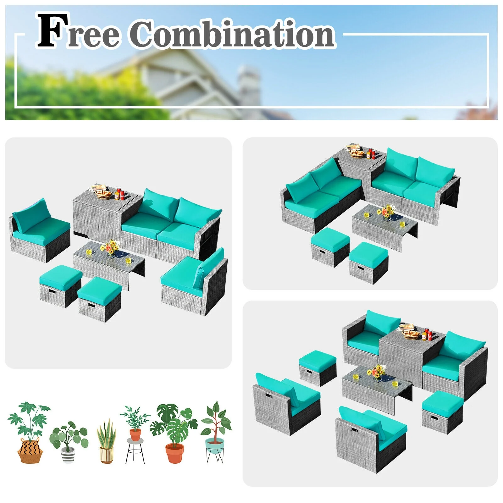 8-Piece Patio Rattan Furniture Set, With Storage Cover, Cushion, Turquoise - Image 6