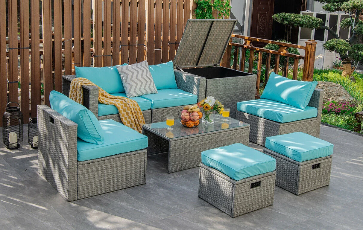 8-Piece Patio Rattan Furniture Set, With Storage Cover, Cushion, Turquoise - Image 7