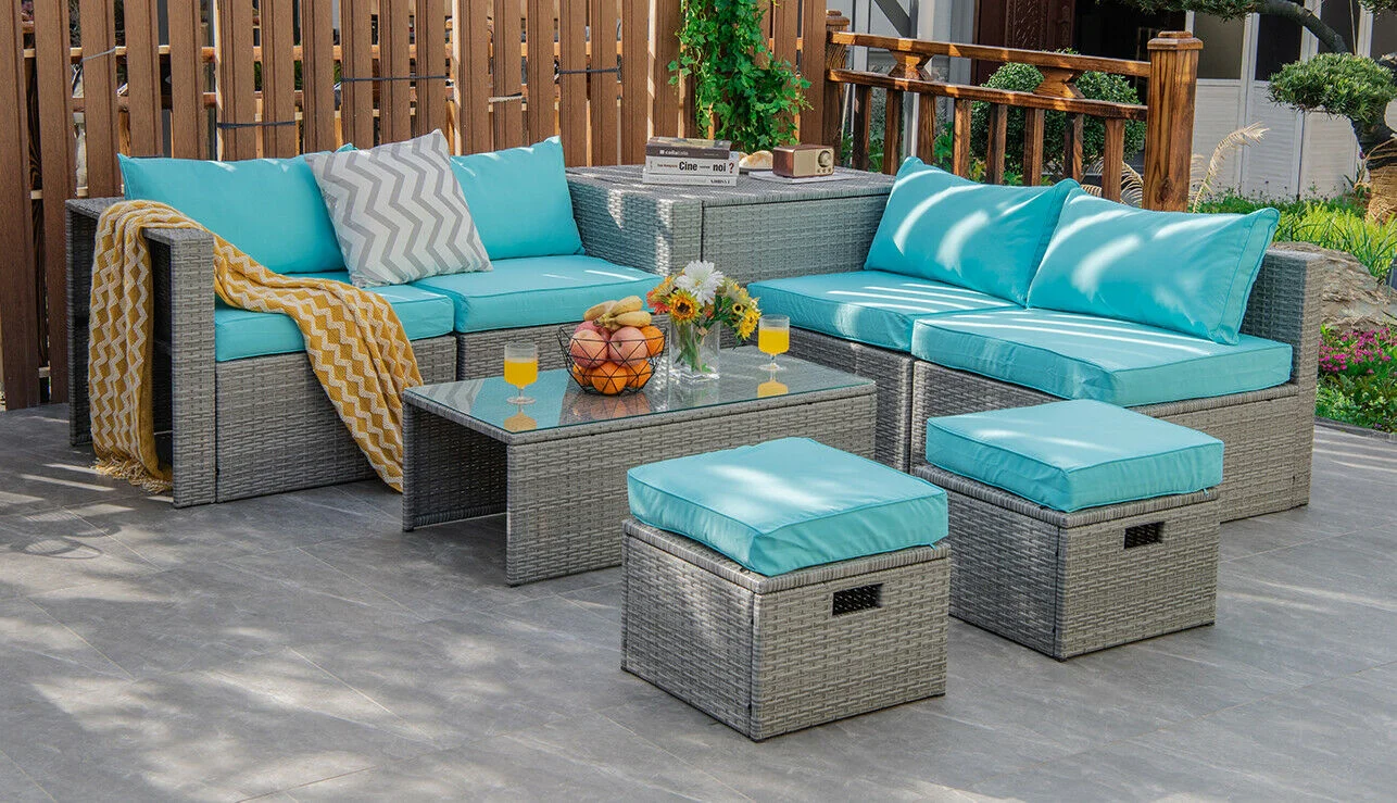 8-Piece Patio Rattan Furniture Set, With Storage Cover, Cushion, Turquoise - Image 8