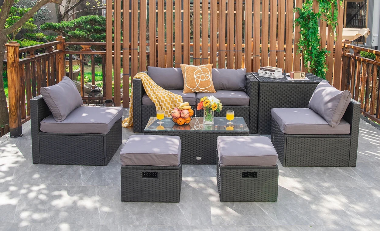 8 Piece Patio Rattan Storage Table Set, Gray - Image 3