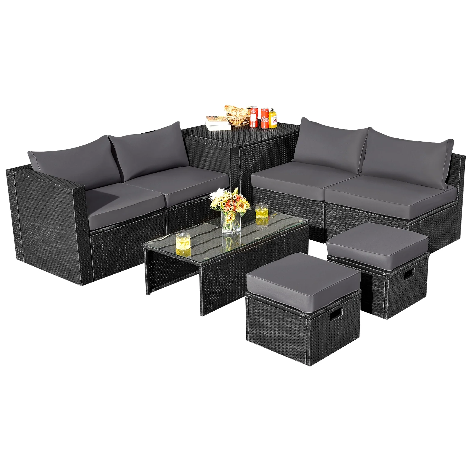 8 Piece Patio Rattan Storage Table Set, Gray - Image 4