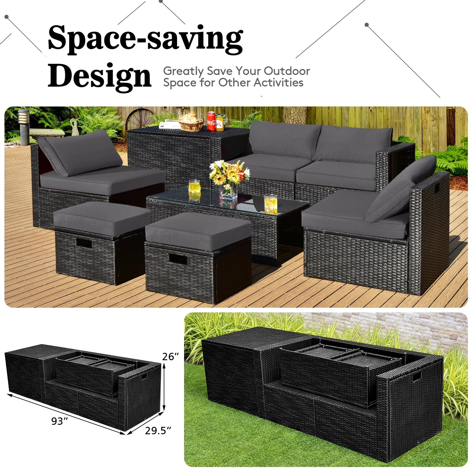 8 Piece Patio Rattan Storage Table Set, Gray - Image 7