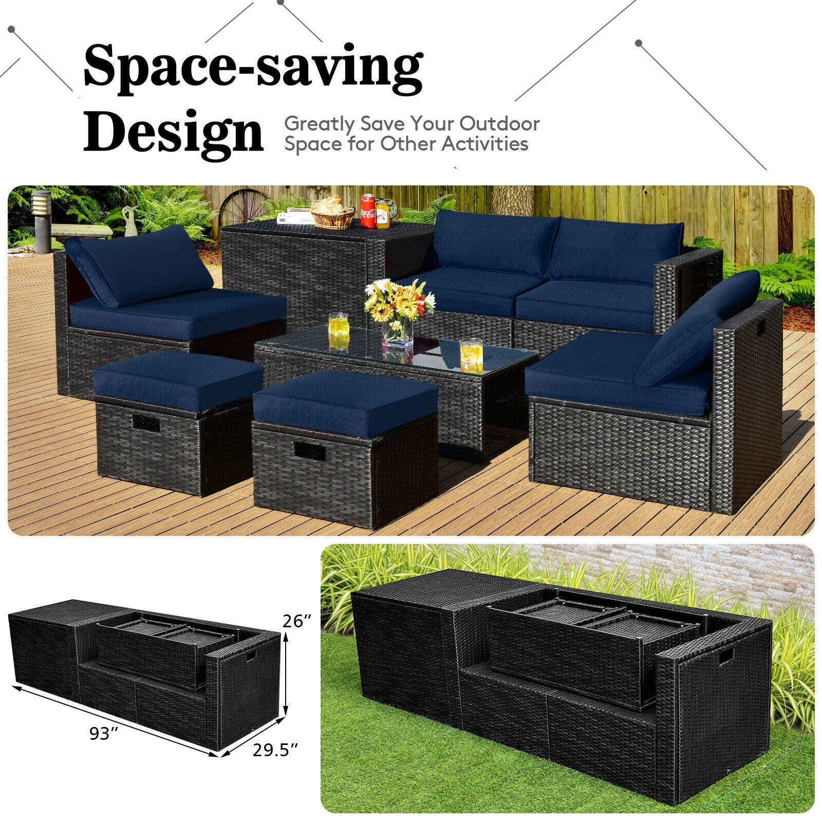 8 Piece Patio Rattan Storage Table Set, Navy - Image 3
