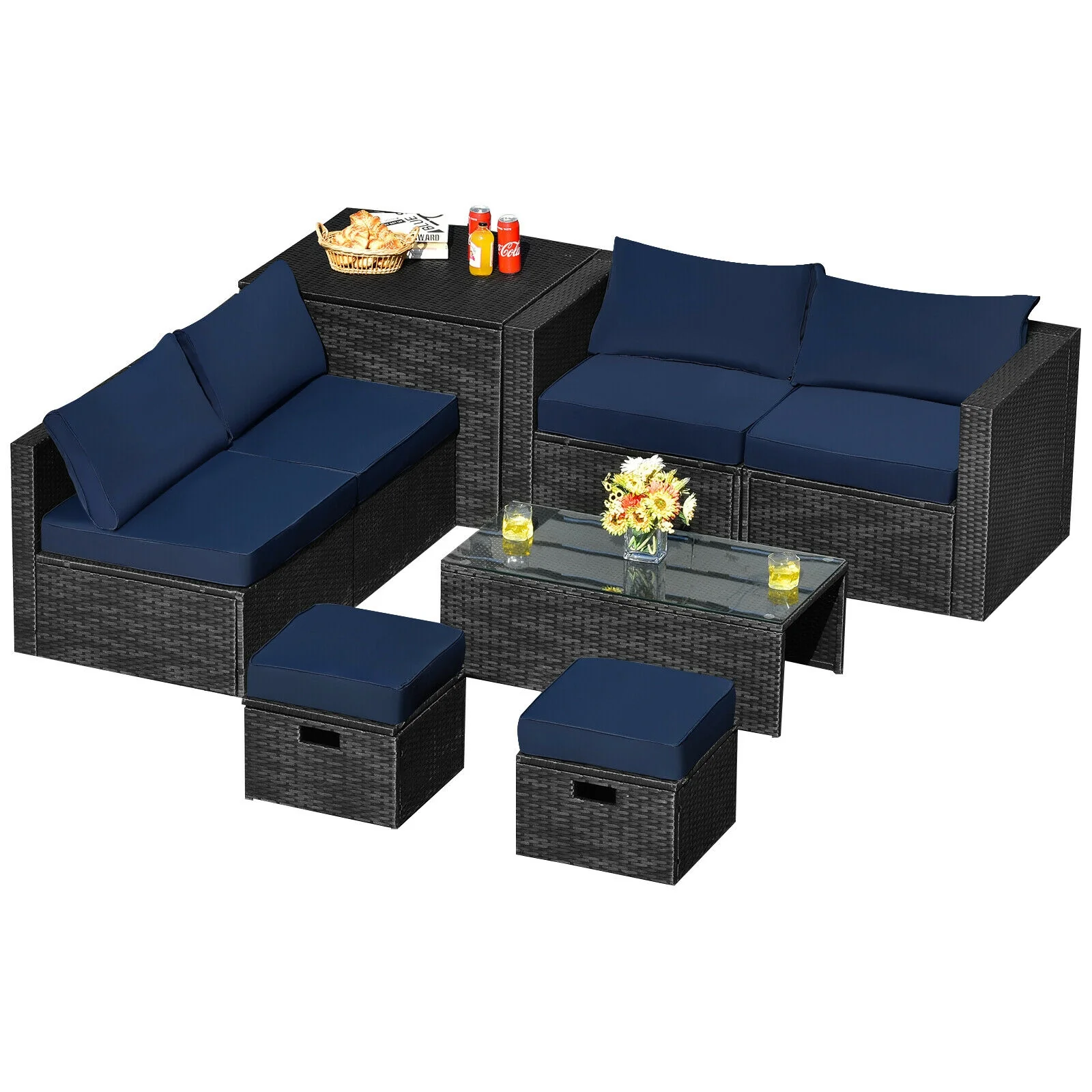 8 Piece Patio Rattan Storage Table Set, Navy - Image 4
