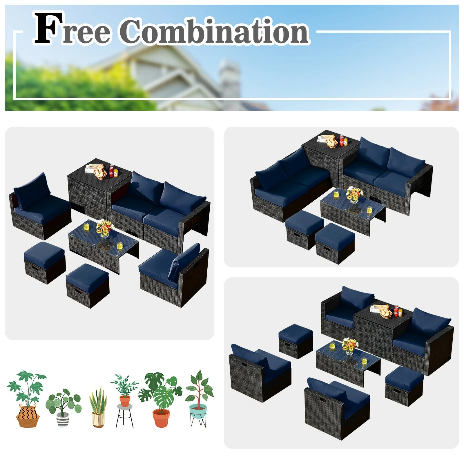 8 Piece Patio Rattan Storage Table Set, Navy - Image 6