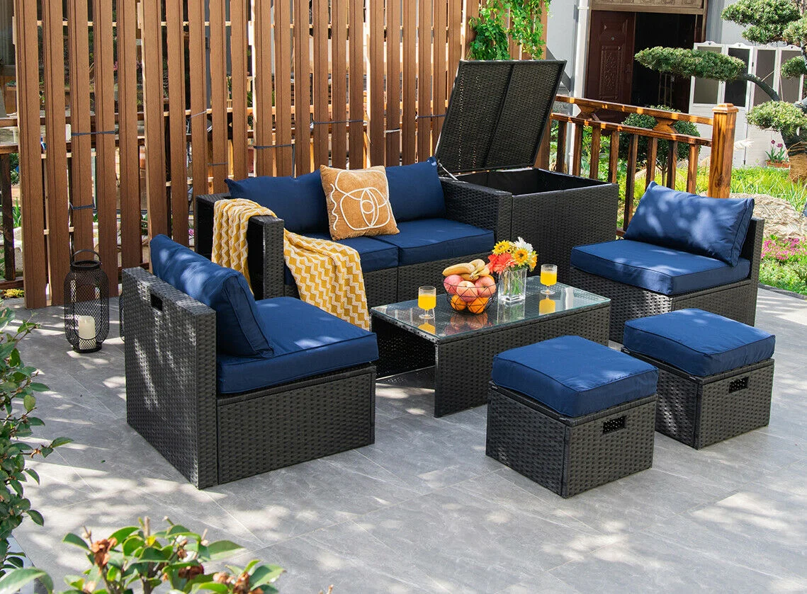 8 Piece Patio Rattan Storage Table Set, Navy - Image 8