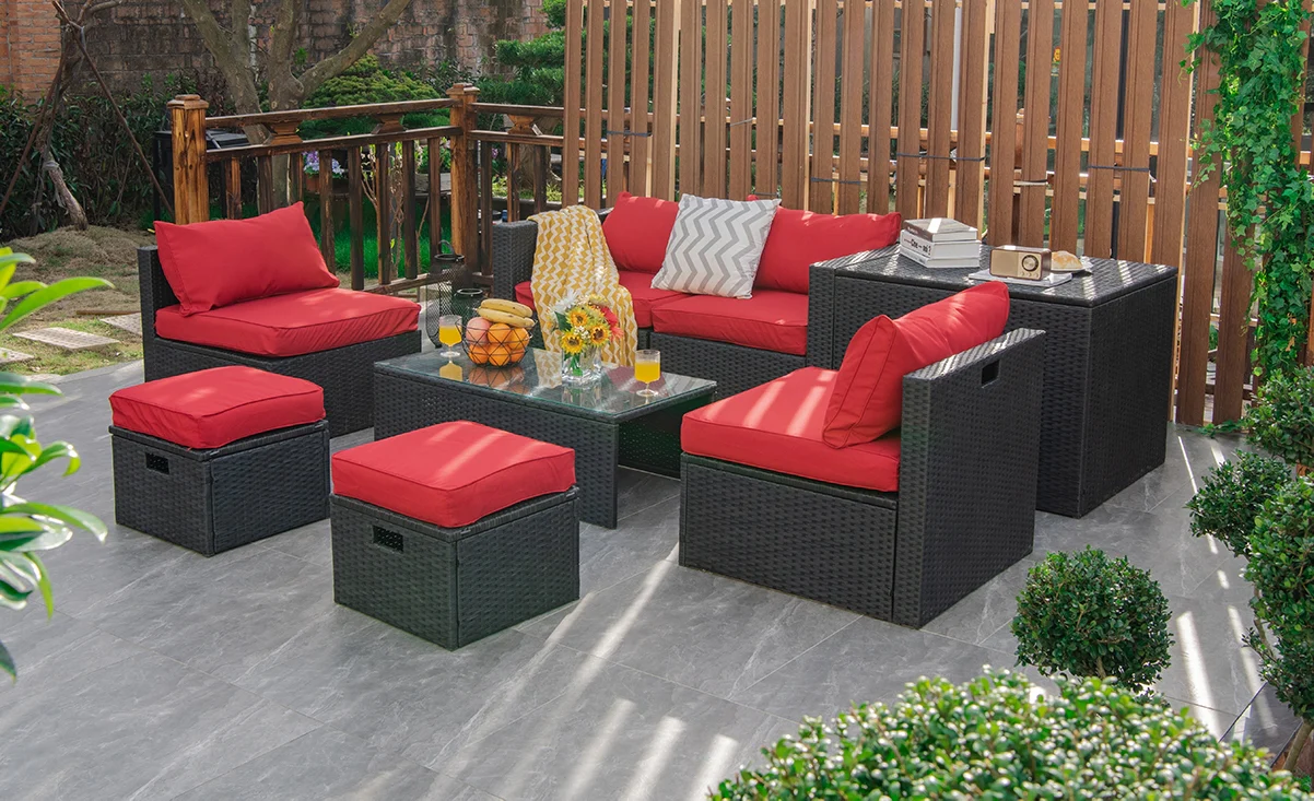 8-Piece Patio Rattan Storage Table Set, Red - Image 2