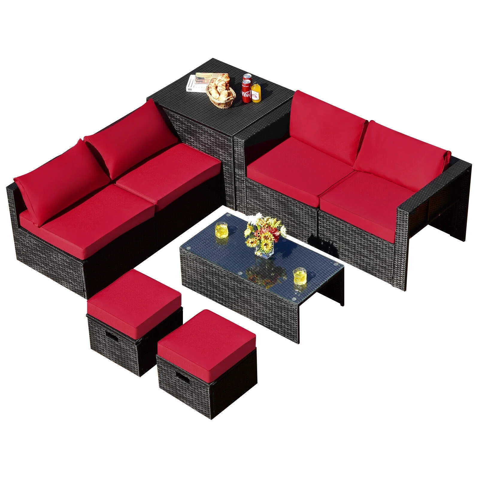 8-Piece Patio Rattan Storage Table Set, Red - Image 4