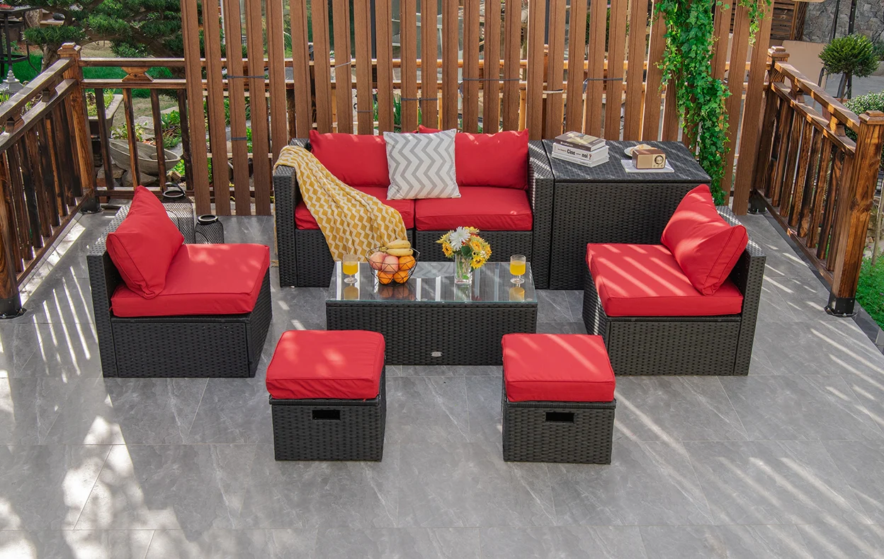 8-Piece Patio Rattan Storage Table Set, Red - Image 7