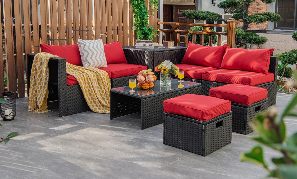 8-Piece Patio Rattan Storage Table Set, Red - Image 8