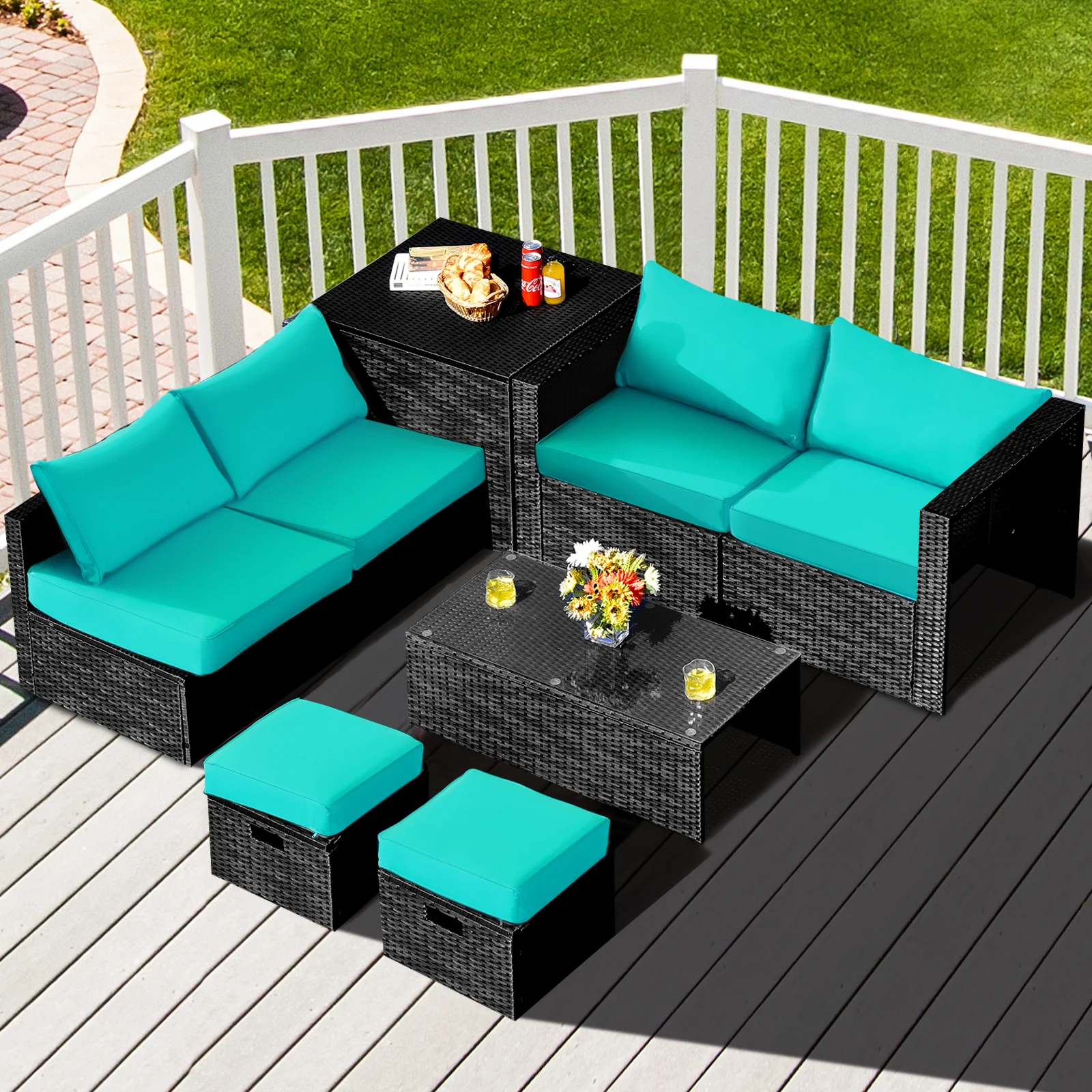 8 Piece Patio Rattan Storage Table Set, Turquoise - Image 2