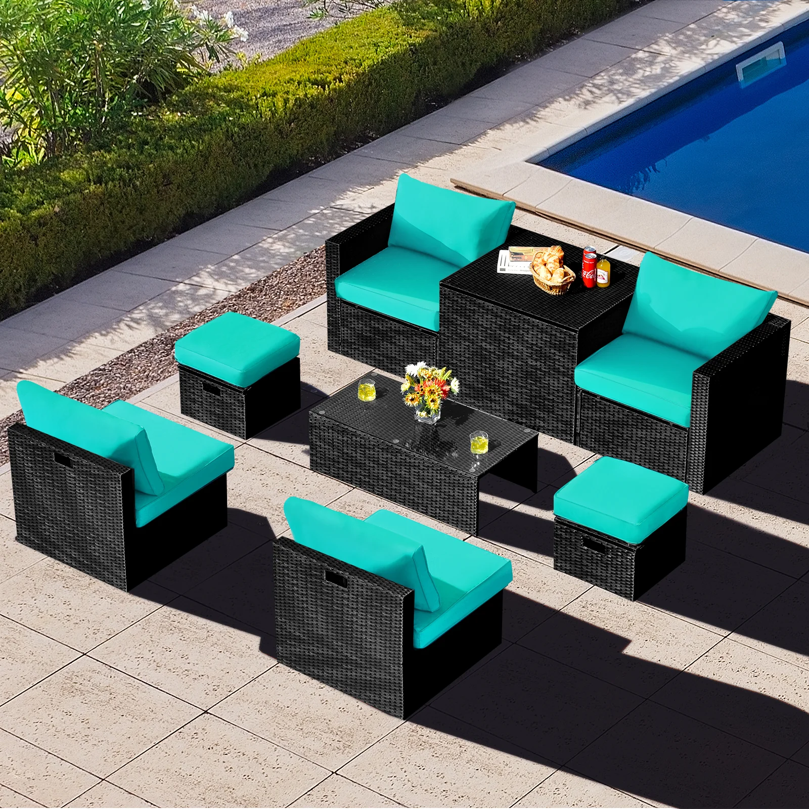 8 Piece Patio Rattan Storage Table Set, Turquoise - Image 3