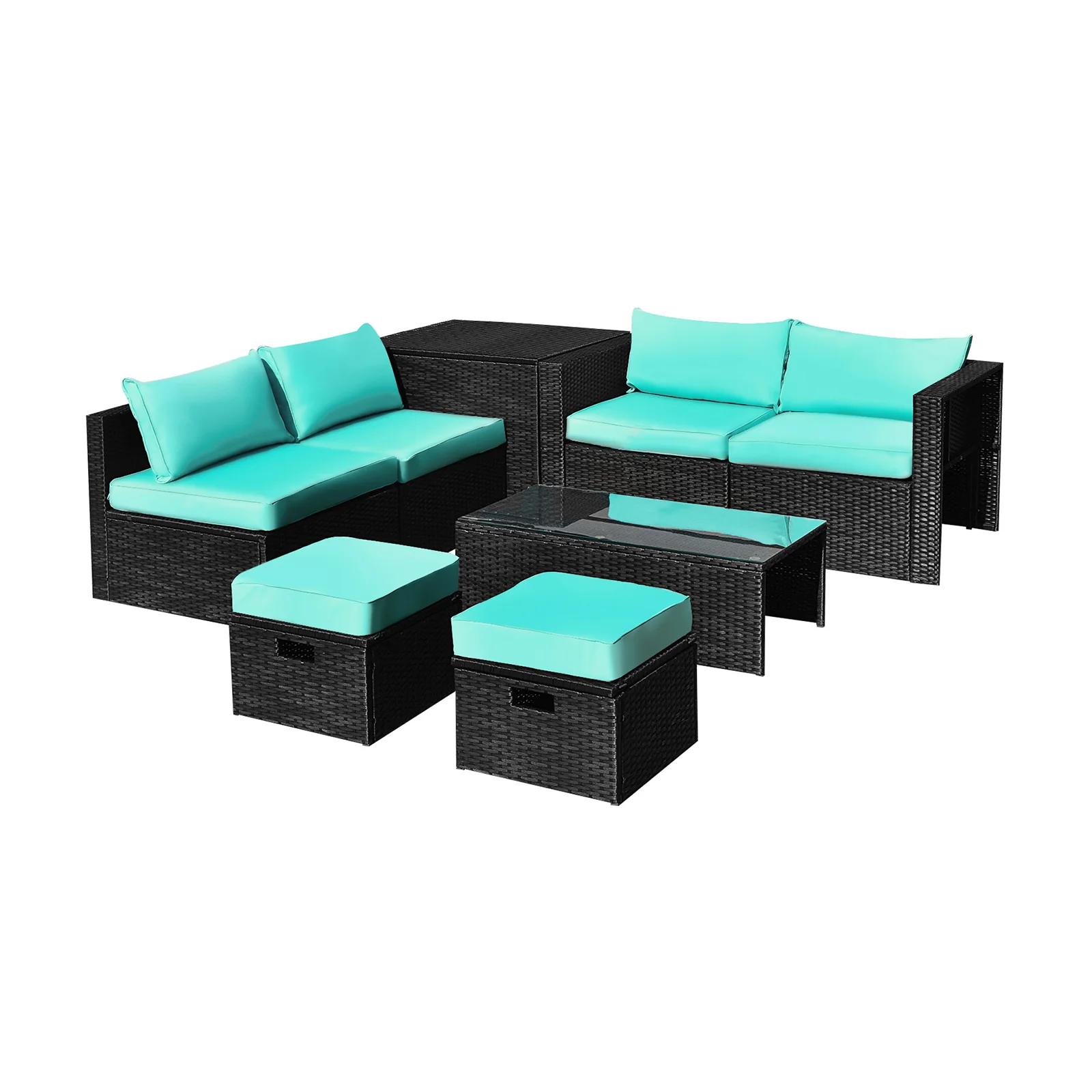 8 Piece Patio Rattan Storage Table Set, Turquoise - Image 4