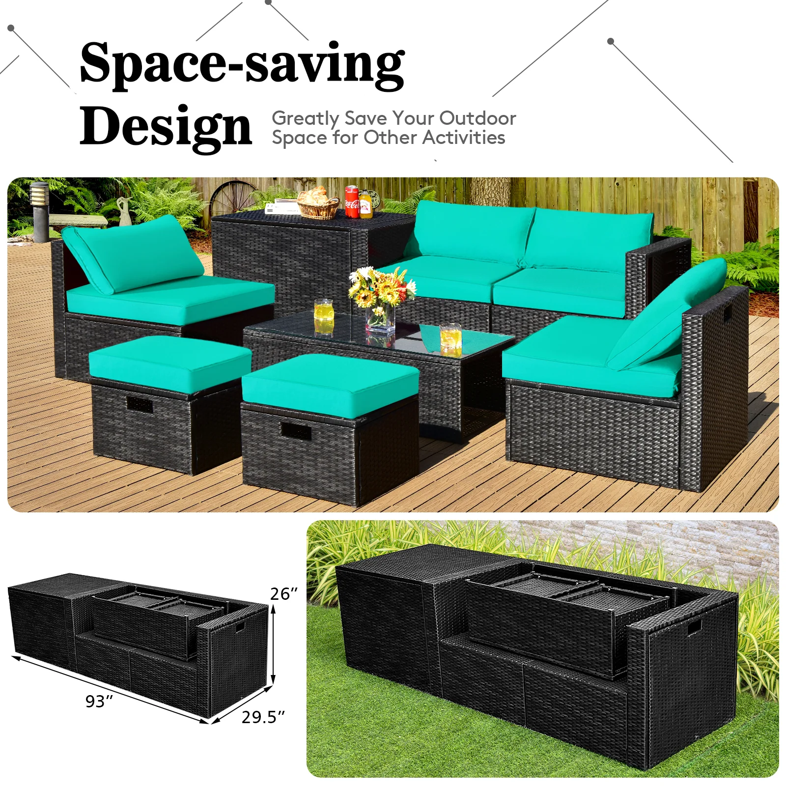 8 Piece Patio Rattan Storage Table Set, Turquoise - Image 9