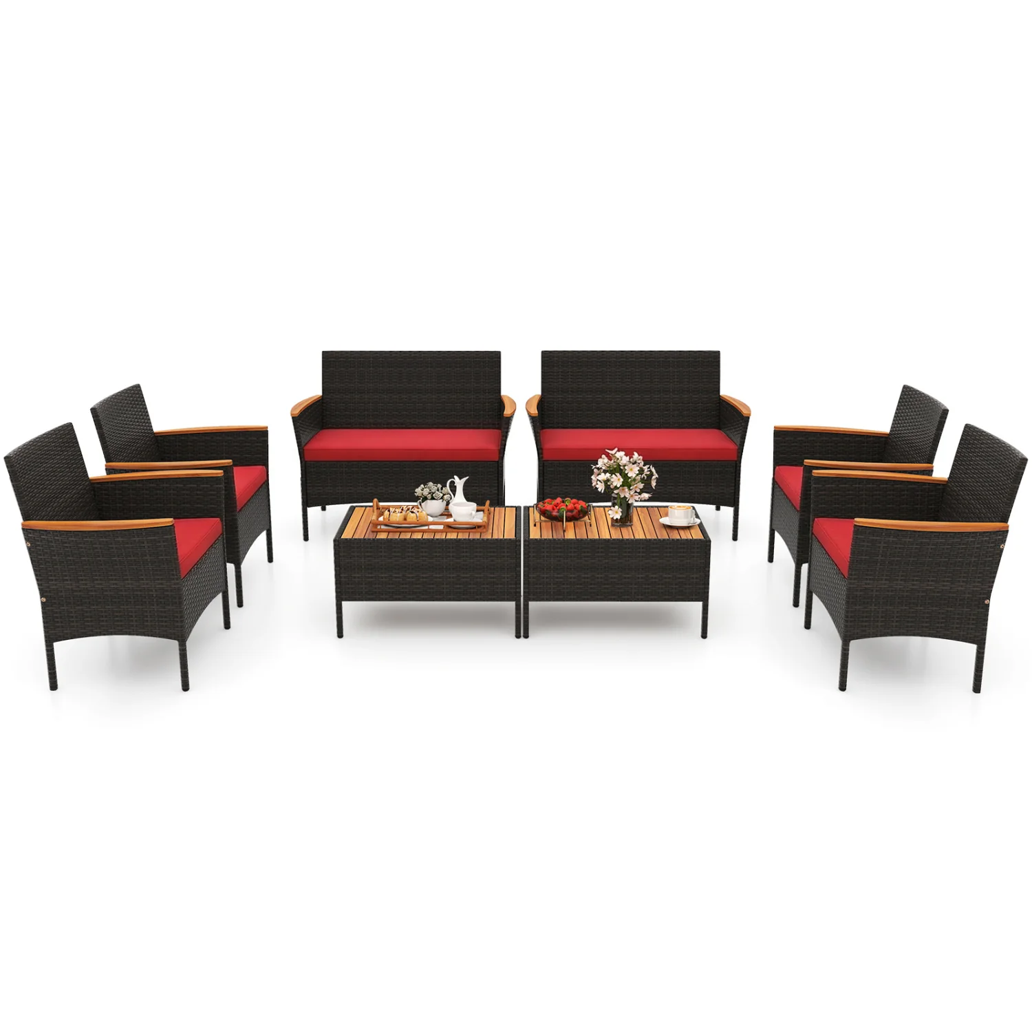 8 Piece Patio Wicker Sofa Set, 4 Rattan Chairs, 2 Loveseats, 2 Tables, Red