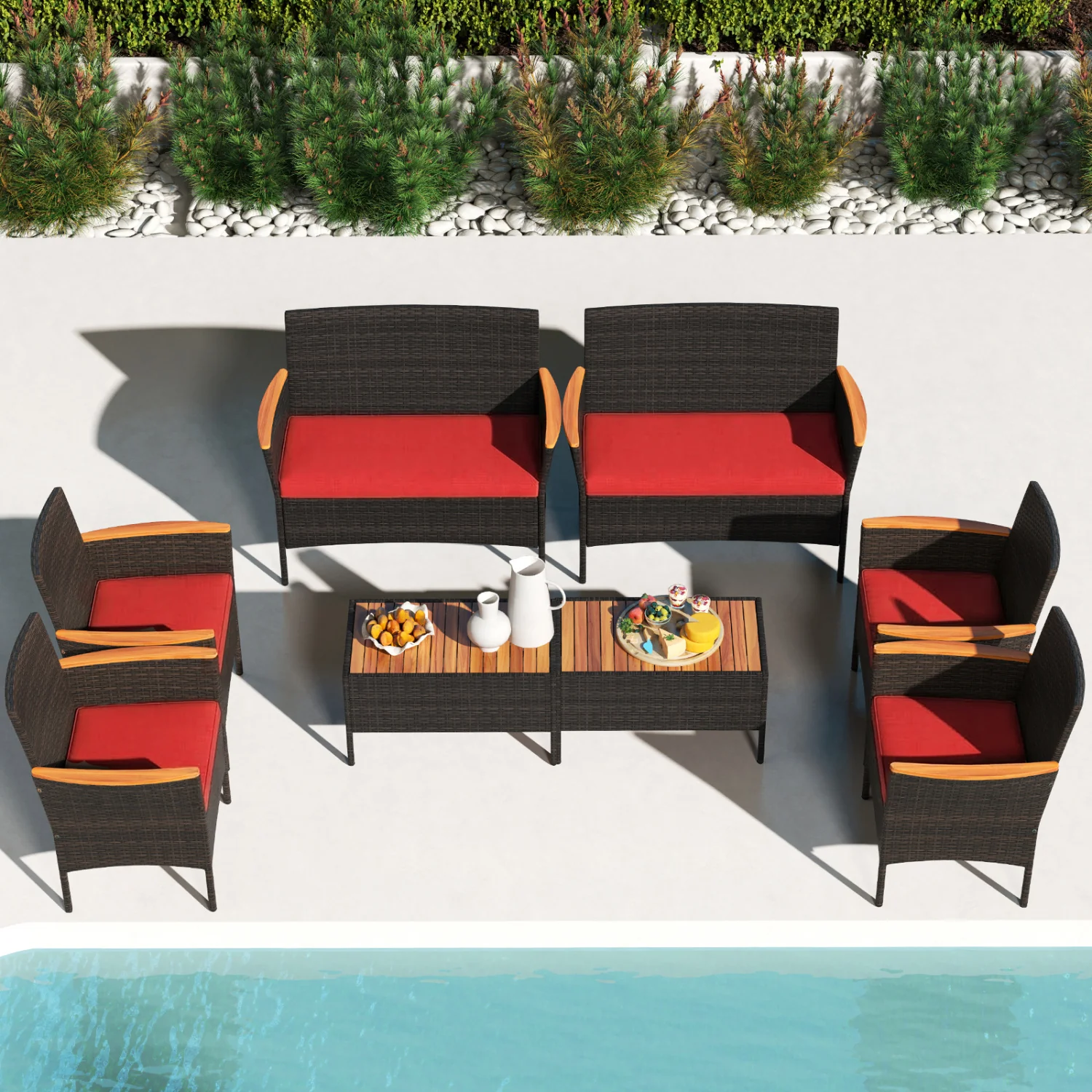 8 Piece Patio Wicker Sofa Set, 4 Rattan Chairs, 2 Loveseats, 2 Tables, Red - Image 2