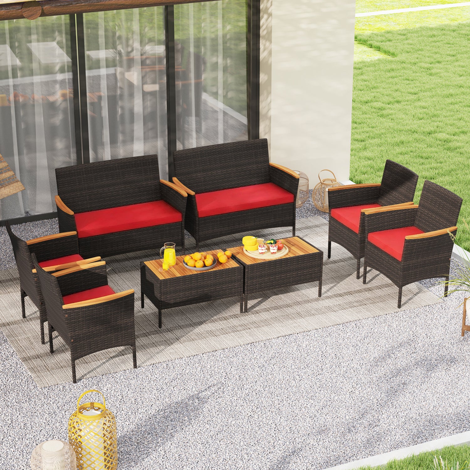 8 Piece Patio Wicker Sofa Set, 4 Rattan Chairs, 2 Loveseats, 2 Tables, Red - Image 3