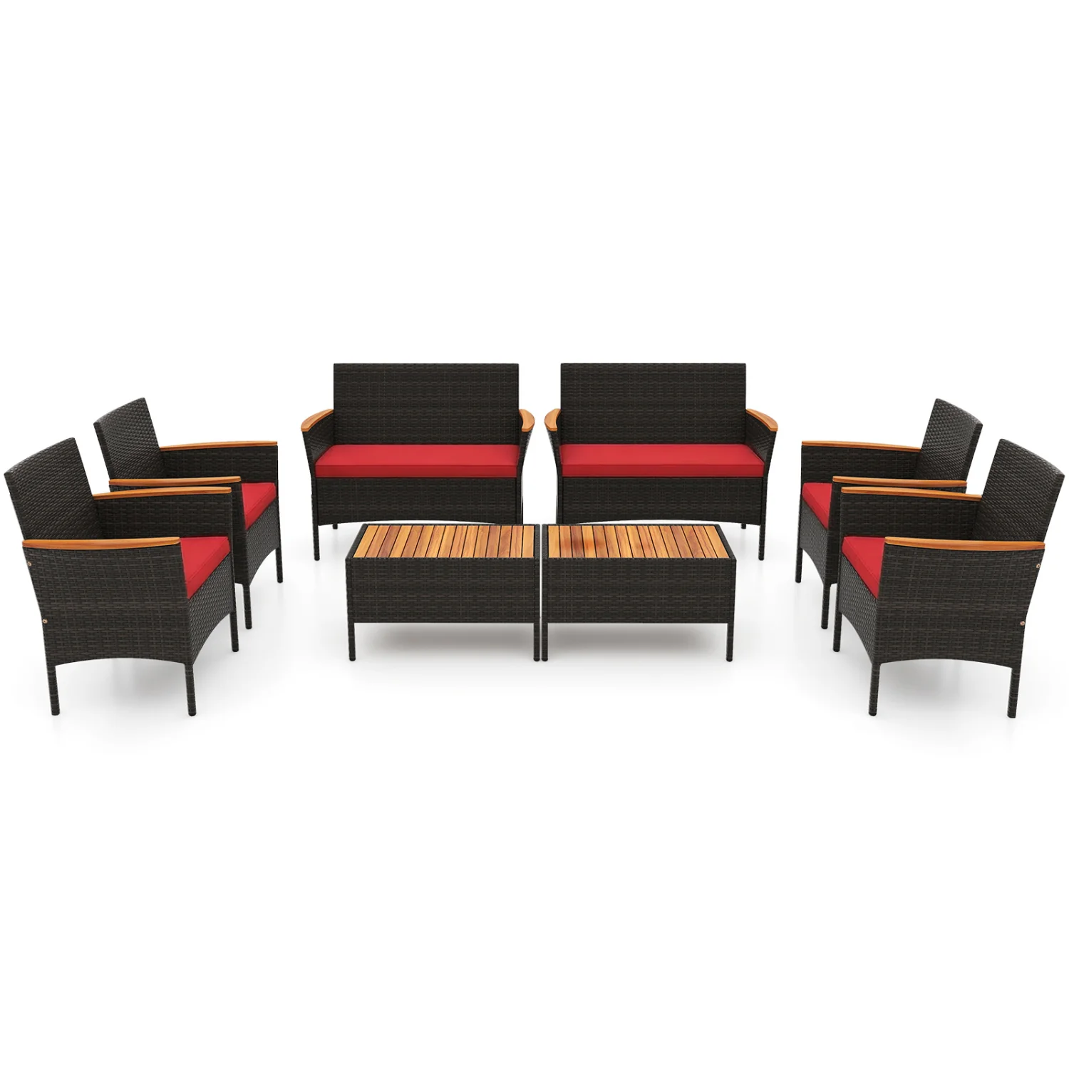 8 Piece Patio Wicker Sofa Set, 4 Rattan Chairs, 2 Loveseats, 2 Tables, Red - Image 4