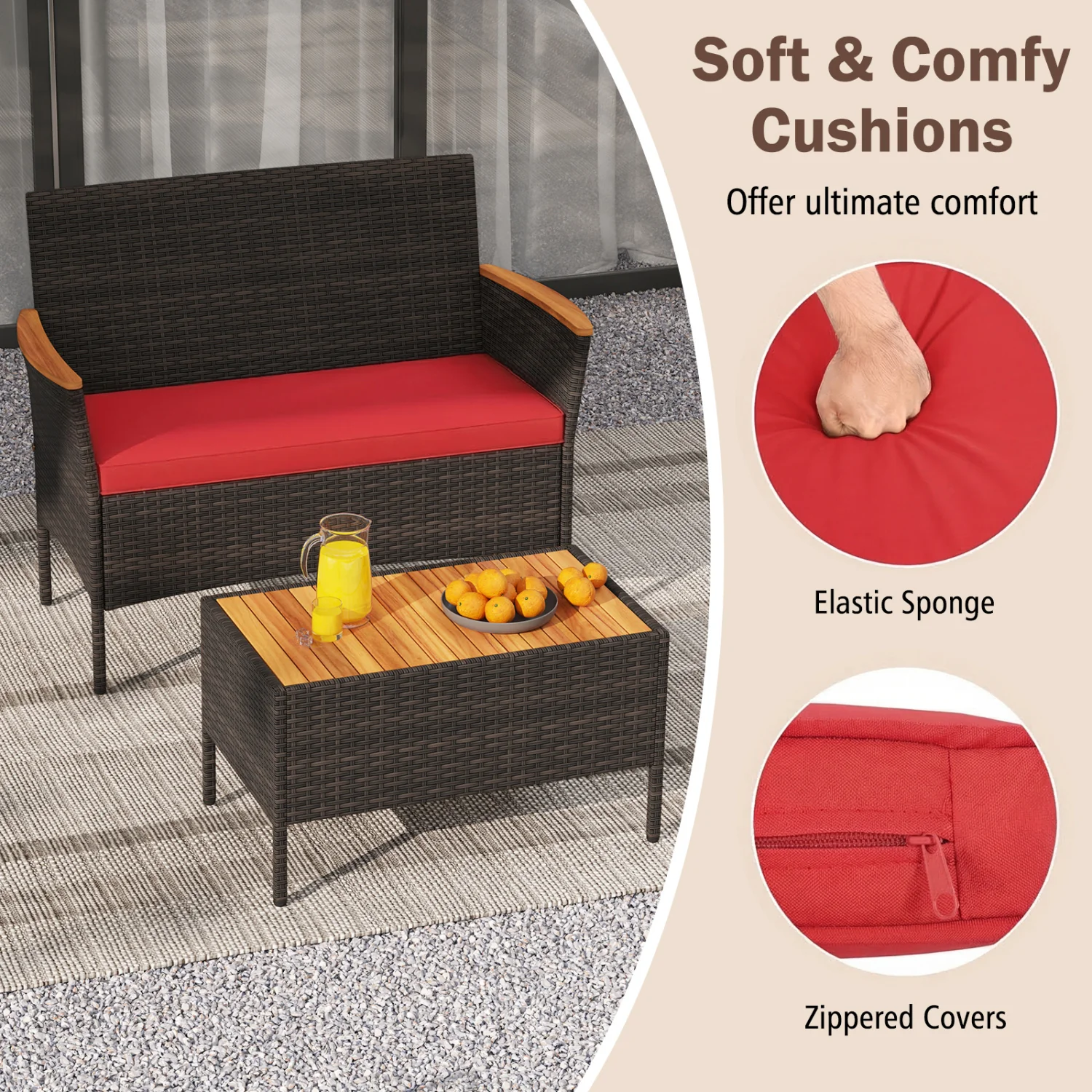 8 Piece Patio Wicker Sofa Set, 4 Rattan Chairs, 2 Loveseats, 2 Tables, Red - Image 6