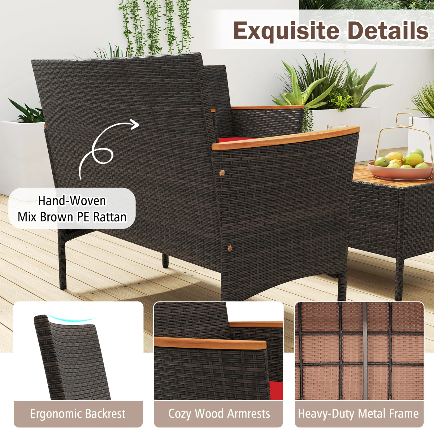 8 Piece Patio Wicker Sofa Set, 4 Rattan Chairs, 2 Loveseats, 2 Tables, Red - Image 9
